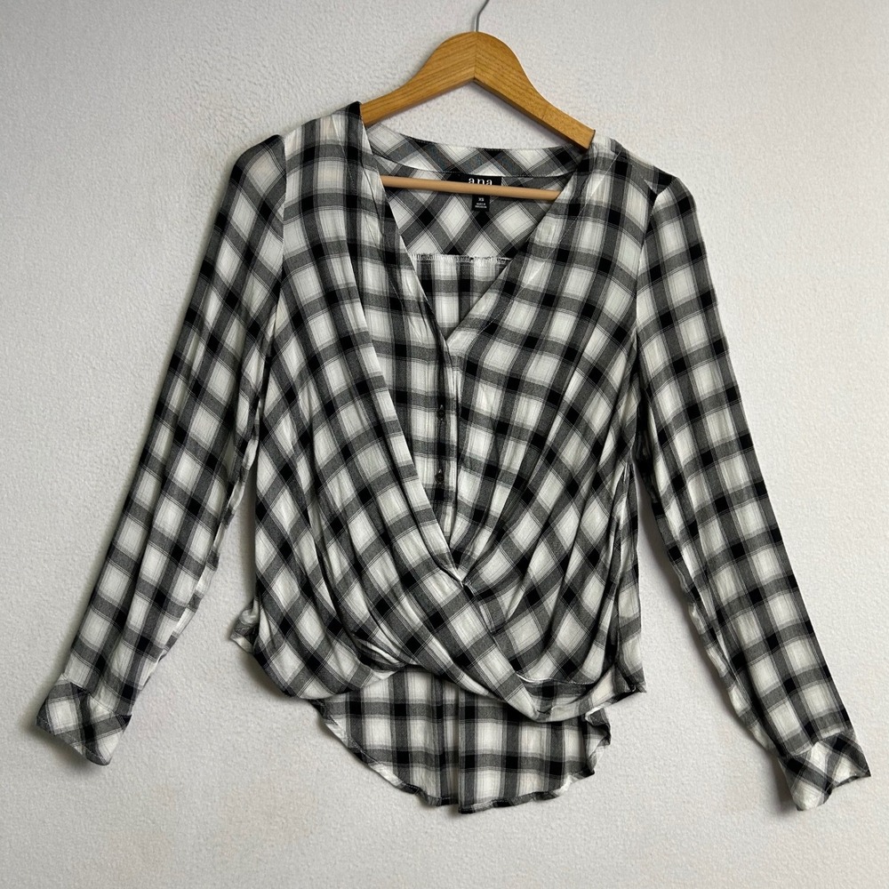 Plaid Casual a.n.a Womens XS Black White Faux Wrap Front Plaid Blouse Top